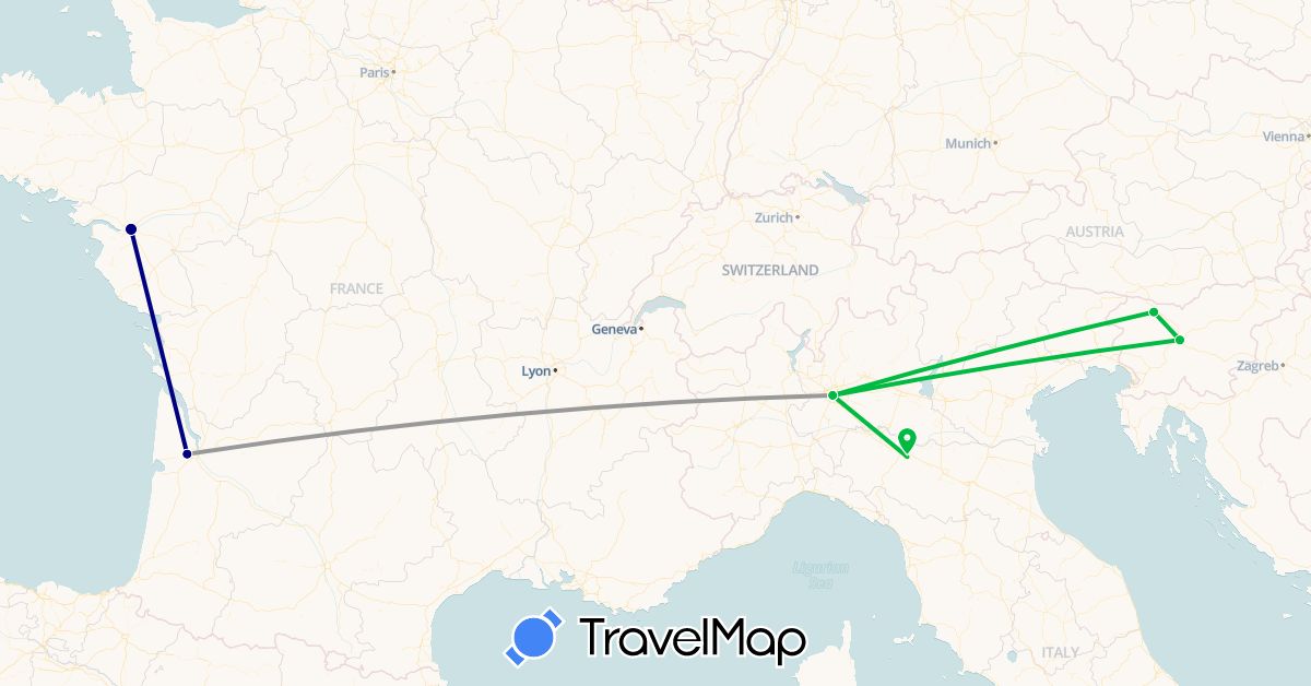 TravelMap itinerary: driving, bus, plane in France, Italy, Slovenia (Europe)